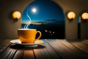 a cup of coffee on a wooden table with a moon in the background. AI-Generated photo