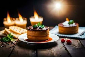 a dessert on a plate with candles and a cherry. AI-Generated photo