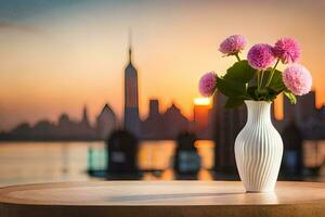 a vase with pink flowers on a table in front of a city skyline. AI-Generated photo