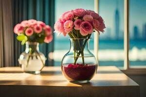 pink roses in a vase on a table in front of a window. AI-Generated photo