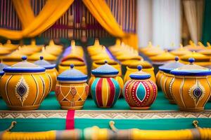 a row of colorful pots on a table. AI-Generated photo