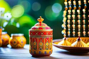 colorful decorative items on a table with a colorful background. AI-Generated photo