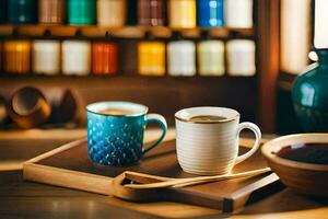 two coffee cups on a wooden tray with a wooden spoon. AI-Generated photo