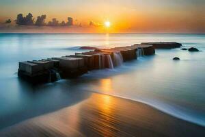 a long exposure photograph of a sunset over the ocean. AI-Generated photo