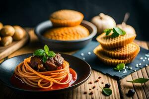 spaghetti with meatballs and tomato sauce on a wooden table. AI-Generated photo