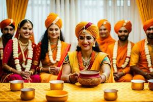 a group of people in orange turbans sitting around a table. AI-Generated photo