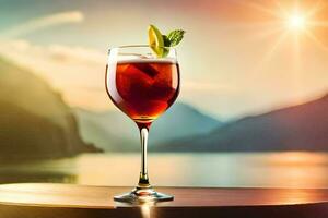a glass of red wine with a slice of lemon on the rim. AI-Generated photo