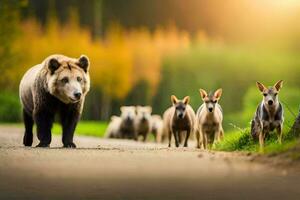 a brown bear and a group of dogs walking on a road. AI-Generated photo