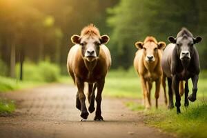 Tres vacas caminando abajo un suciedad la carretera. generado por ai foto