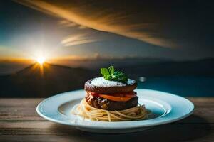 a plate with spaghetti and a burger on a table with the sun setting. AI-Generated photo