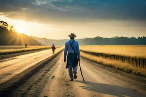 un hombre caminando abajo un suciedad la carretera con un caña. generado por ai foto