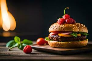 a hamburger with berries and tomatoes on a wooden board. AI-Generated photo