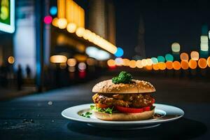 a hamburger on a plate with a cityscape in the background. AI-Generated photo