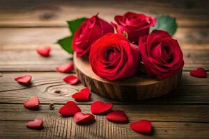 red roses in a wooden bowl on a wooden table. AI-Generated photo
