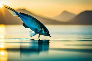 un pescado es saltando fuera de el agua a puesta de sol. generado por ai foto