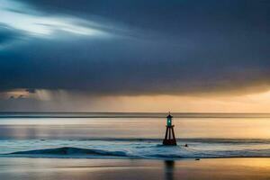 un solitario faro soportes en el playa a puesta de sol. generado por ai foto