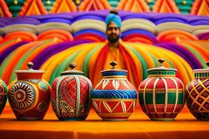 a man in a turban is standing in front of colorful vases. AI-Generated photo