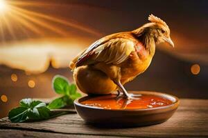 a chicken sitting on top of a bowl of sauce. AI-Generated photo