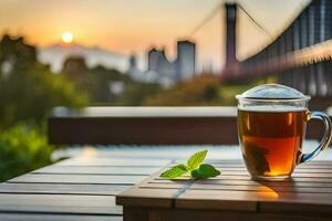 a cup of tea sits on a table with a view of the san francisco skyline. AI-Generated photo