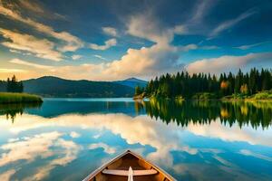 the boat is on the calm lake with a forest in the background. AI-Generated photo