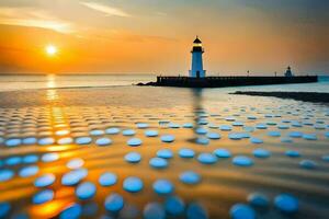 a lighthouse and a beach with bubbles in the water. AI-Generated photo