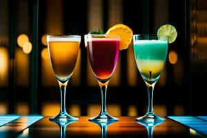 three different colored cocktails in glasses on a table. AI-Generated photo