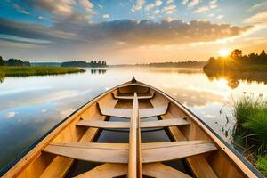 a canoe is docked on the water at sunset. AI-Generated photo