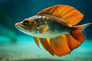 a fish with orange fins swimming in an aquarium. AI-Generated photo