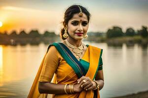 un hermosa mujer en un naranja sari en pie por el agua. generado por ai foto