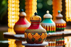 colorful vases sit on a table in front of a lighted backdrop. AI-Generated photo