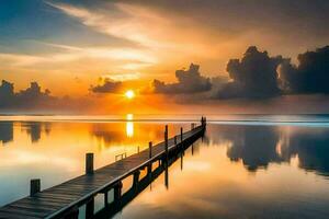 a pier in the ocean at sunset. AI-Generated photo