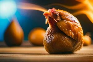 a chicken is sitting on top of a table with flames. AI-Generated photo