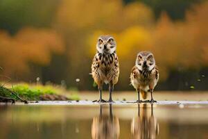 two owls standing on the edge of a pond. AI-Generated photo