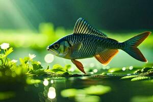a fish is standing on the water with grass and flowers. AI-Generated photo