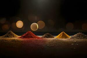 a group of colorful spices on a black background. AI-Generated photo