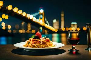 un plato de espaguetis y un vaso de vino son en un mesa en frente de un ciudad horizonte. generado por ai foto