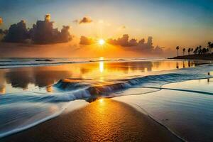 the sun rises over the ocean in this beautiful beach photo. AI-Generated photo