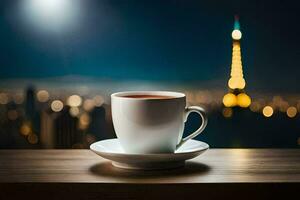 a cup of coffee on a table in front of the eiffel tower. AI-Generated photo