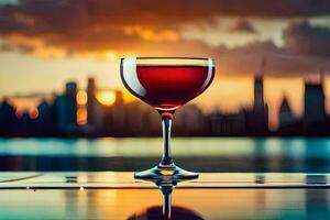 a glass of red wine on a table in front of a city skyline. AI-Generated photo