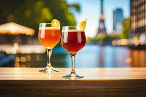 two glasses of beer on a table in front of the eiffel tower. AI-Generated photo