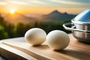 two eggs on a cutting board with a pan and a pan. AI-Generated photo
