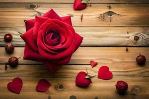 red rose on a wooden background. AI-Generated photo