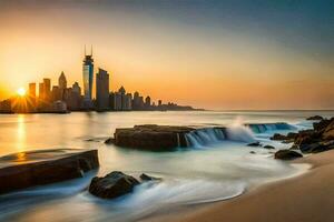 the sun sets over the city skyline in dubai. AI-Generated photo