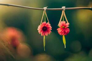two pink flowers hanging from a branch. AI-Generated photo