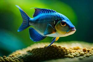 a blue fish is standing on top of some yellow seeds. AI-Generated photo