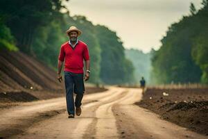 a man walking down a dirt road in the middle of the forest. AI-Generated photo