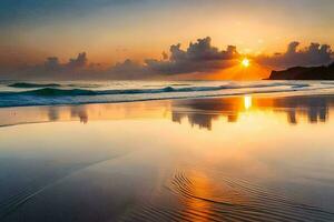 puesta de sol en el playa, ondas, agua, el océano, el playa, hd fondo de pantalla. generado por ai foto