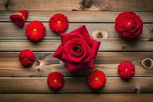 red roses on a wooden table. AI-Generated photo