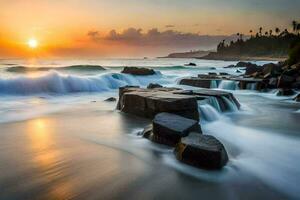the sun sets over the ocean and waves crashing on rocks. AI-Generated photo