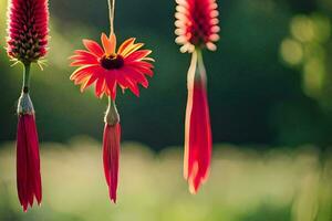 red flowers hanging from a string. AI-Generated photo